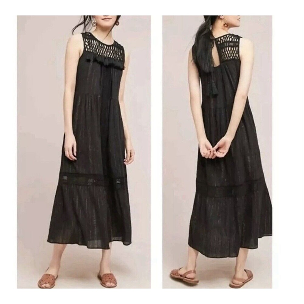 MAEVE Anthropologie $178 Abilene Maxi Midi Dress Shimmer Crochet Gauze Sz XS